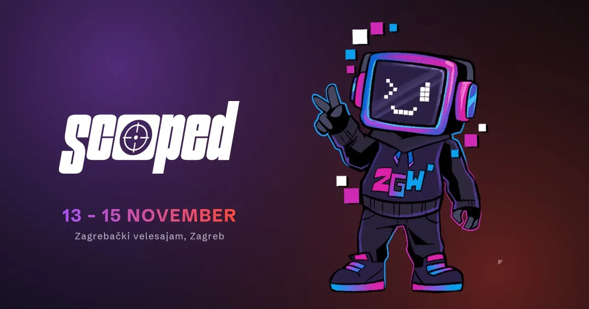The Scoped wordmark beside the Zagreb Games Week logo, with the dates 13-15 November and the venue, Zagrebački velesajam in Zagreb, on a dark purple background.